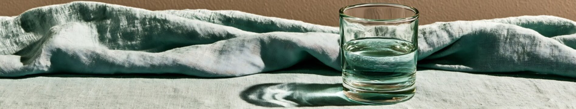 Clear drinking glass of water on wrinkled seafoam linen with soft shadows and a beige textured backdrop