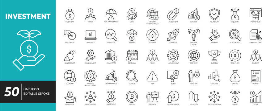 Investment icon set. Containing finance, investment, profit, portfolio, stocks, money, growth, risk, funding, capital, saving, and more. vector illustration