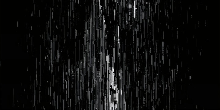 Abstract monochrome glitch art background with vertical pixel sorting distortion effect on black