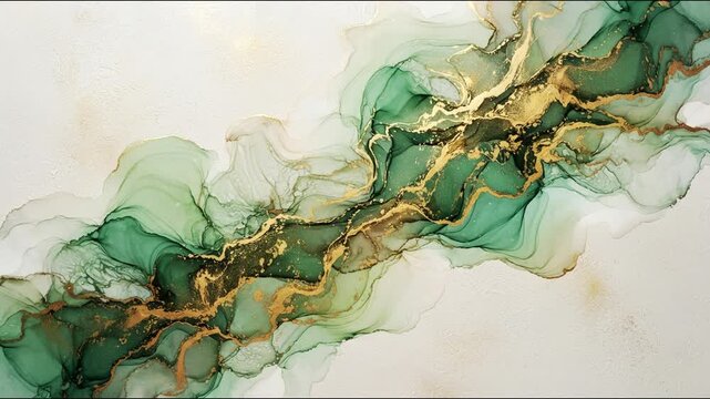 Emerald Green and Gold Alcohol Ink Fluid Art Background