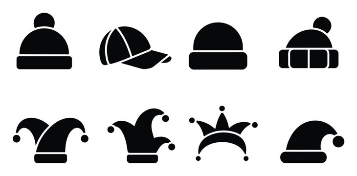 Assortment of Headwear Icons: A collection of diverse headwear icons, including beanies, baseball caps, jester hats, and crowns, presented in a simple, graphic style, perfect for representing fashion.