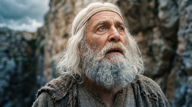 Portrait of the elderly apostle John looking up at the sky. Biblical figure receiving revelation