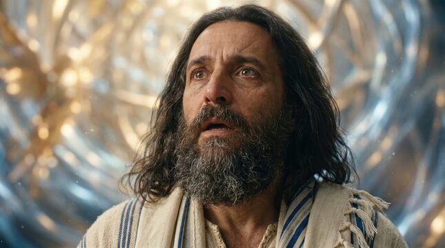 Prophet Isaiah having a divine vision in the temple. Man looking up in awe with prayer shawl. Spiritual encounter with heavenly light and wings