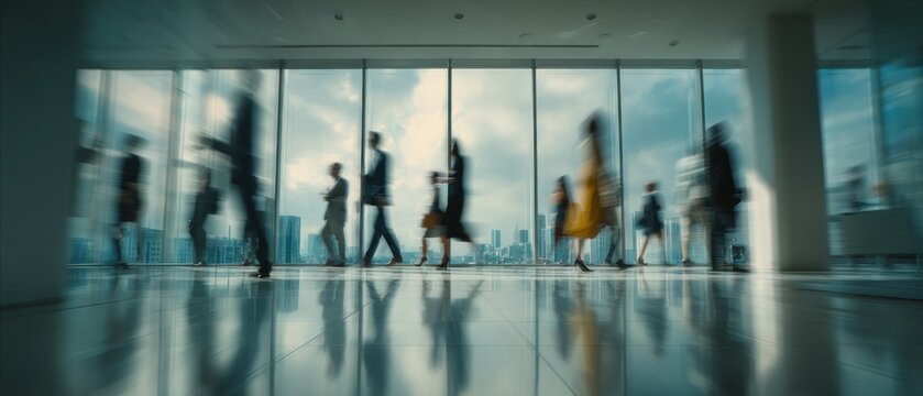 People walking by building windows