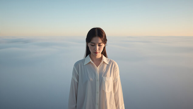 早朝の雲海を一人で歩く30代の外国人女性の写真