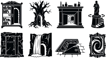 Fototapeta premium Fantasy escape room secret passage silhouettes set mystery hidden doors and magical portals icons for adventure gaming assets isolated on white background