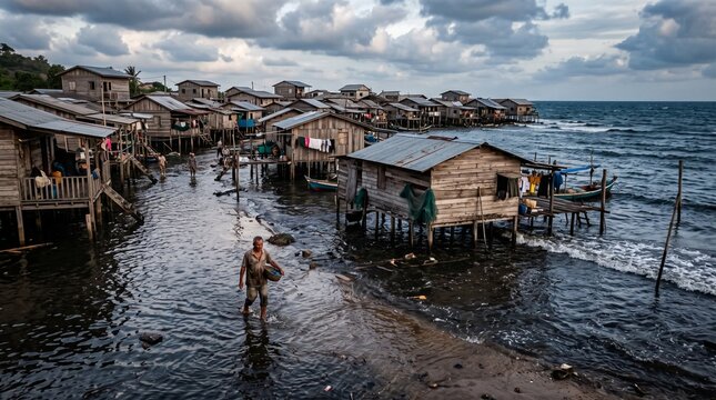 A coastal village with wooden stilt houses built over the water, featuring a man walking through the shallows under a cloudy, dramatic sky.