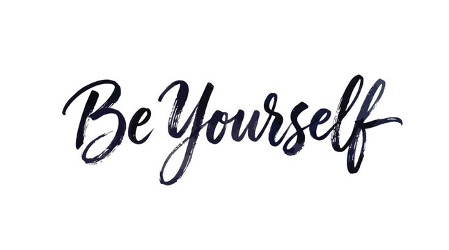 Artistic calligraphy lettering displaying the phrase be yourself written in black ink over a soft pastel watercolor wash background with a clean white isolated studio backdrop