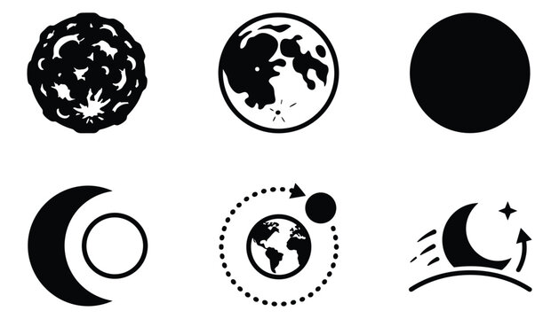 Lunar cycle and celestial body icons set including full moon earth orbit vector illustration set.