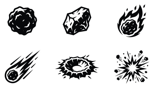 Space rock and asteroid icons set with impact crater and falling meteorites vector illustration.