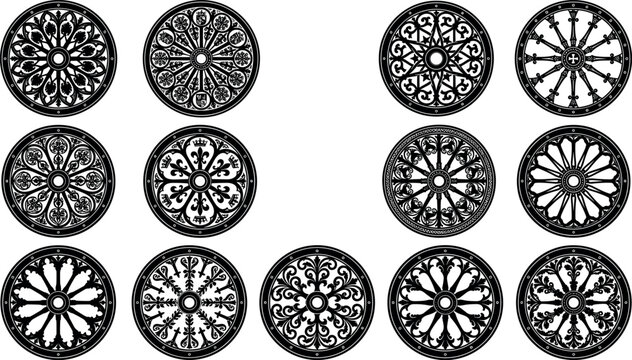 Gothic cathedral rose window silhouettes set ornate circular church stained glass frames architectural filigree design elements on white background