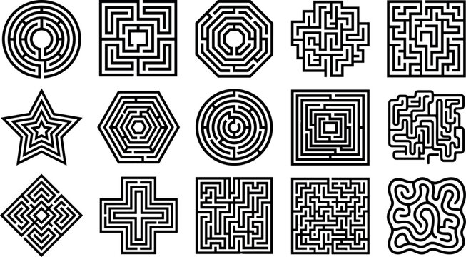 Geometric maze and labyrinth puzzle silhouettes collection including circular square star and hexagon shapes for brain game activity worksheets