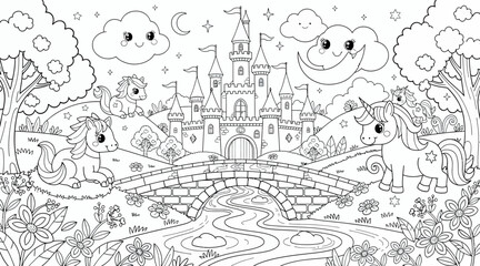 Obraz premium Unicorn Castle Kingdom Coloring Page for Kids: Fairytale Fantasy Scene