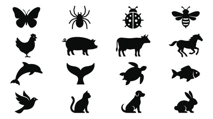 Obraz premium Domestic and wild animal silhouettes for farm and nature themes.
