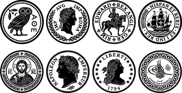 Ancient gold coin silhouettes set featuring historical roman emperor profile greek owl and medieval knight medallion emblems for treasure hunting graphics