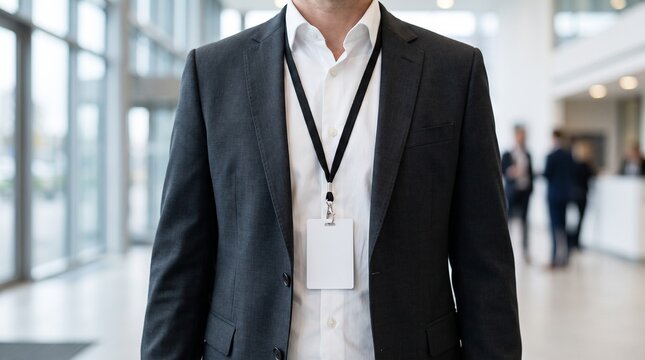Close-up of a businessman in a suit wearing a blank ID card template badge on a lanyard in a bright office hallway