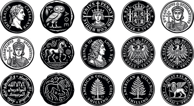 Ancient roman greek and medieval gold coin silhouette emblems set historical currency icons collection for numismatics or treasure hunt graphic design