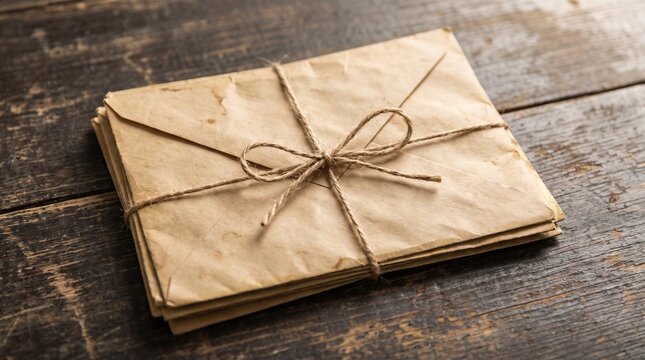 Stack of vintage paper envelopes tied with twine on dark rustic wooden table background