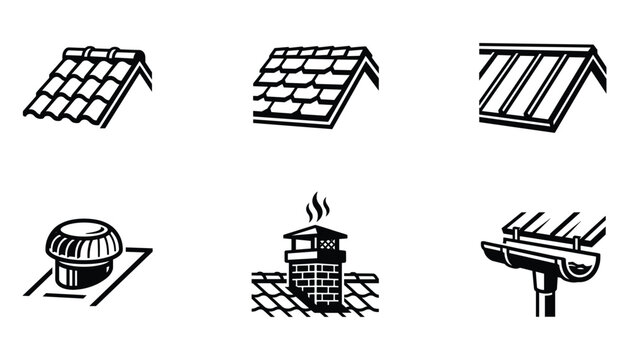 Roof construction and house maintenance details set black line vector illustration of roofing types.