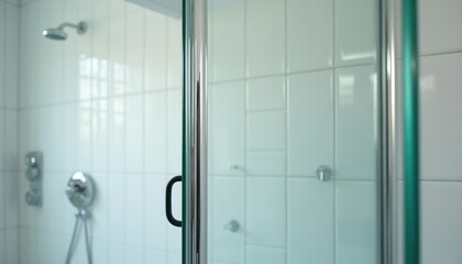 Fototapeta premium Modern shower cubicle with transparent glass door, shiny metal frame. White tiled bathroom walls feature chrome showerhead hardware, wall mounted water controls. Clean bright home interior design