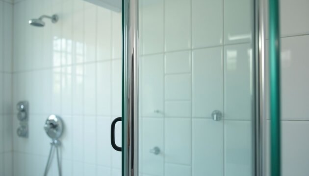 Modern shower cubicle with transparent glass door, shiny metal frame. White tiled bathroom walls feature chrome showerhead hardware, wall mounted water controls. Clean bright home interior design