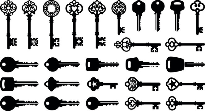 Collection of antique skeleton keys and modern house door key silhouettes ornate vintage decorative key ring vector icons set isolated