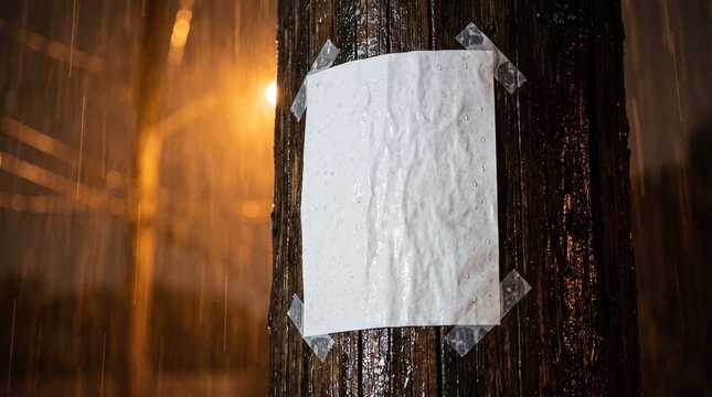 Blank white crumpled paper note attached with clear adhesive tape to a weathered dark wooden surface under warm lighting
