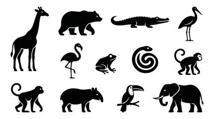 Fototapeta premium Silhouette icons of various African and jungle wild animals.