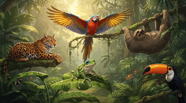 Vibrant Rainforest Animals: Jaguar, Parrot, Sloth, Frog, Toucan in Lush Jungle