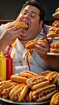 Greedy overweight man eating hot dog with mustard and ketchup. Competitive eater devouring pile of fast food for National Hot Dog Day. Gluttony, junk food consumption and lifestyle.