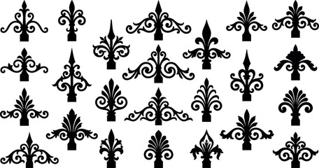 Ornate wrought iron fence toppers and fleur de lis silhouette toppers set classic architectural metal scrollwork decorative finial design elements © MstAduri