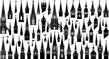 Gothic cathedral spires and medieval castle towers silhouettes mega bundle architectural pinnacles and church domes vector design elements © MstAduri
