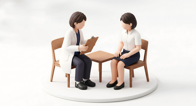 社内健康診断で女性医師の問診とカルテ確認を受ける女性会社員の3Dイラスト
