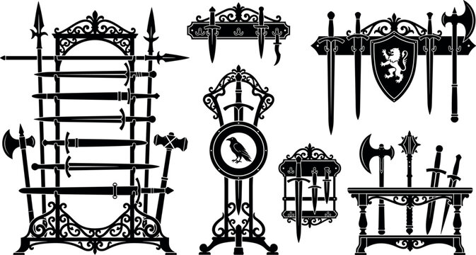 Medieval armor and weapon rack silhouette vector collection featuring gothic swords halberds axes heraldic shields and armory display icons