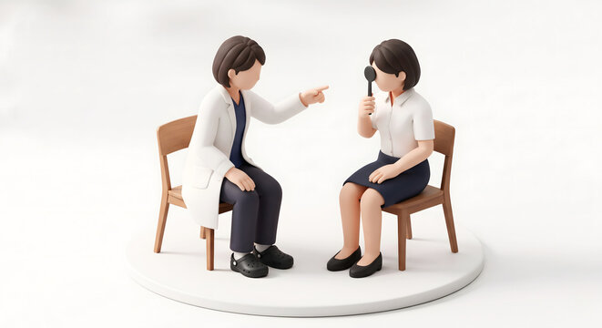 社内健康診断で女性医師の指示のもと視力検査を受ける女性会社員の3Dイラスト
