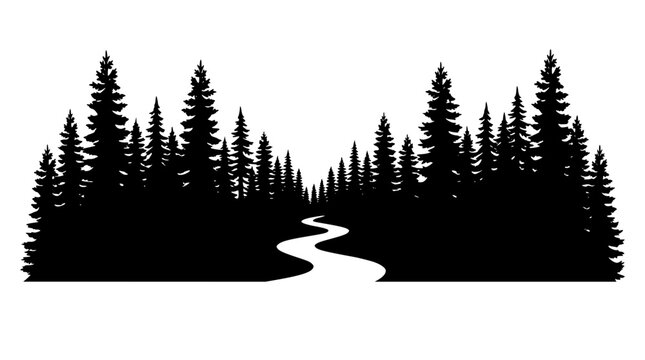 pine forest silhouette with winding river path landscape
