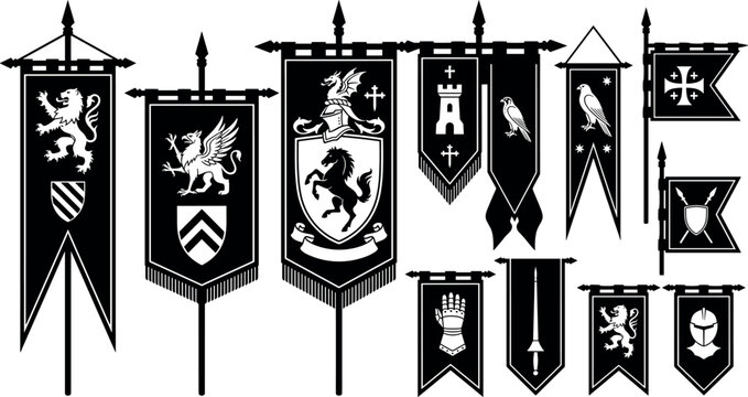 Medieval heraldic flags and royal kingdom banner silhouettes set featuring lion griffin dragon horse emblems for fantasy game assets on white background