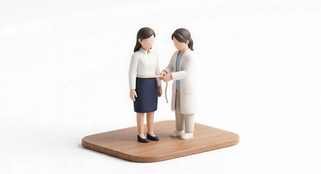 社内健康診断で女性医師から腹囲測定とメタボリックシンドロームの検査を受ける女性会社員の3Dイラスト

