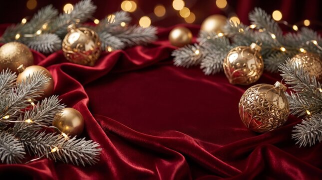 Exquisite holiday backdrop with flowing deep red silk fabric and premium gold baubles