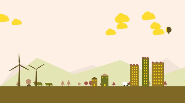 Sustainable city landscape with wind turbines and solar panels in flat design