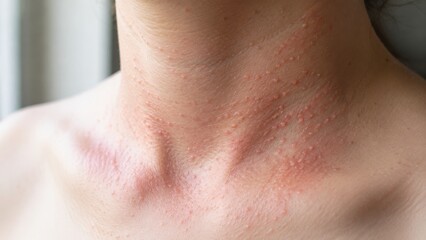 Fototapeta premium Heat rash skin close-up on neck and upper chest showing red bumps and miliaria irritation with visible prickly heat inflammation and blocked sweat gland papules