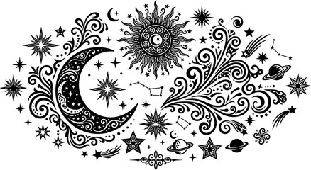 Mystical celestial sun moon and stars silhouette composition with ornate scrollwork flourishes for bohemian tarot card art and esoteric designs © MstAduri