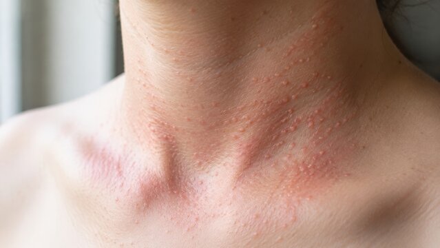 Heat rash skin close-up on neck and upper chest showing red bumps and miliaria irritation with visible prickly heat inflammation and blocked sweat gland papules