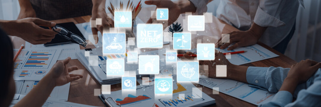 Net zero and sustainability concepts with environmental balance, digital sustainability icons, green energy goals, and eco-conscious digital business transformation for the future. Entice