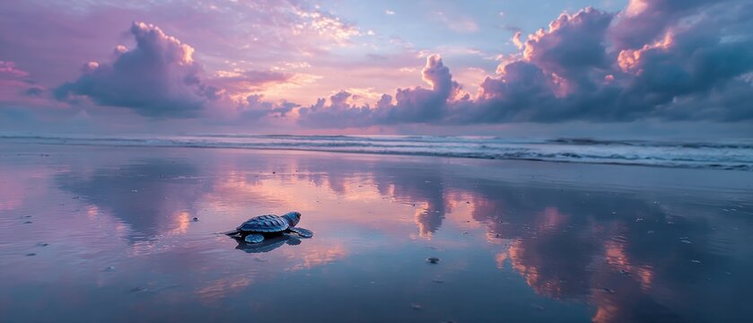 Baby sea turtle on beach at sunset