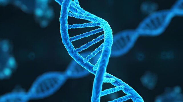 Blue glowing DNA helix rotating in dark digital space