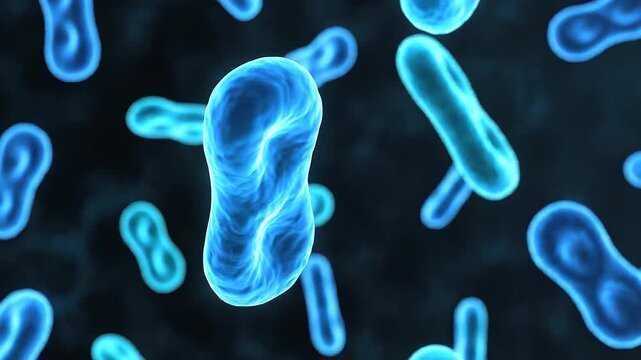 Blue bacteria cells floating and dividing under microscope