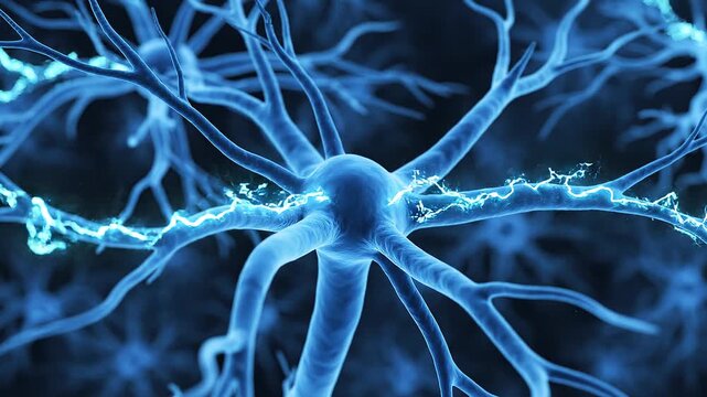Blue glowing neural network firing electrical impulses in 3D space