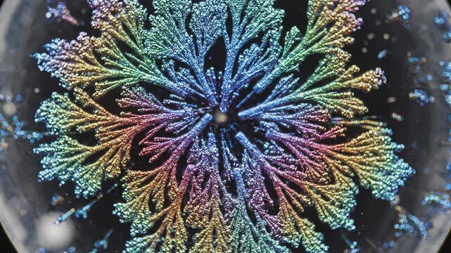 Colorful metallic crystal growth forming a radial dendritic pattern