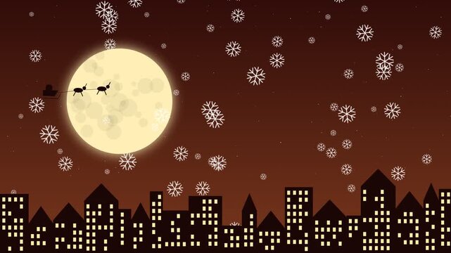 Santa sleigh flying over city skyline with full moon and falling snow